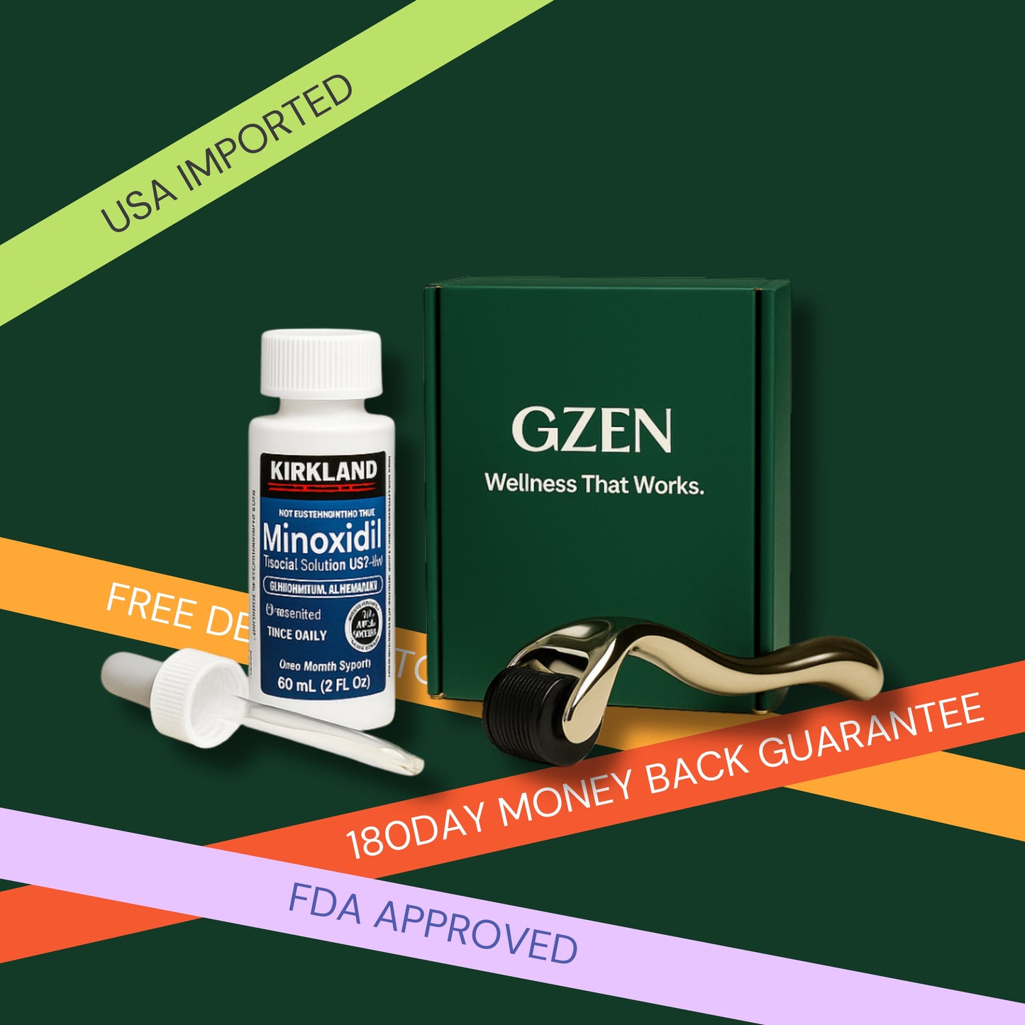 Kirkland Minoxidil bottle, dropper, and GZEN box on a green background with promotional text.